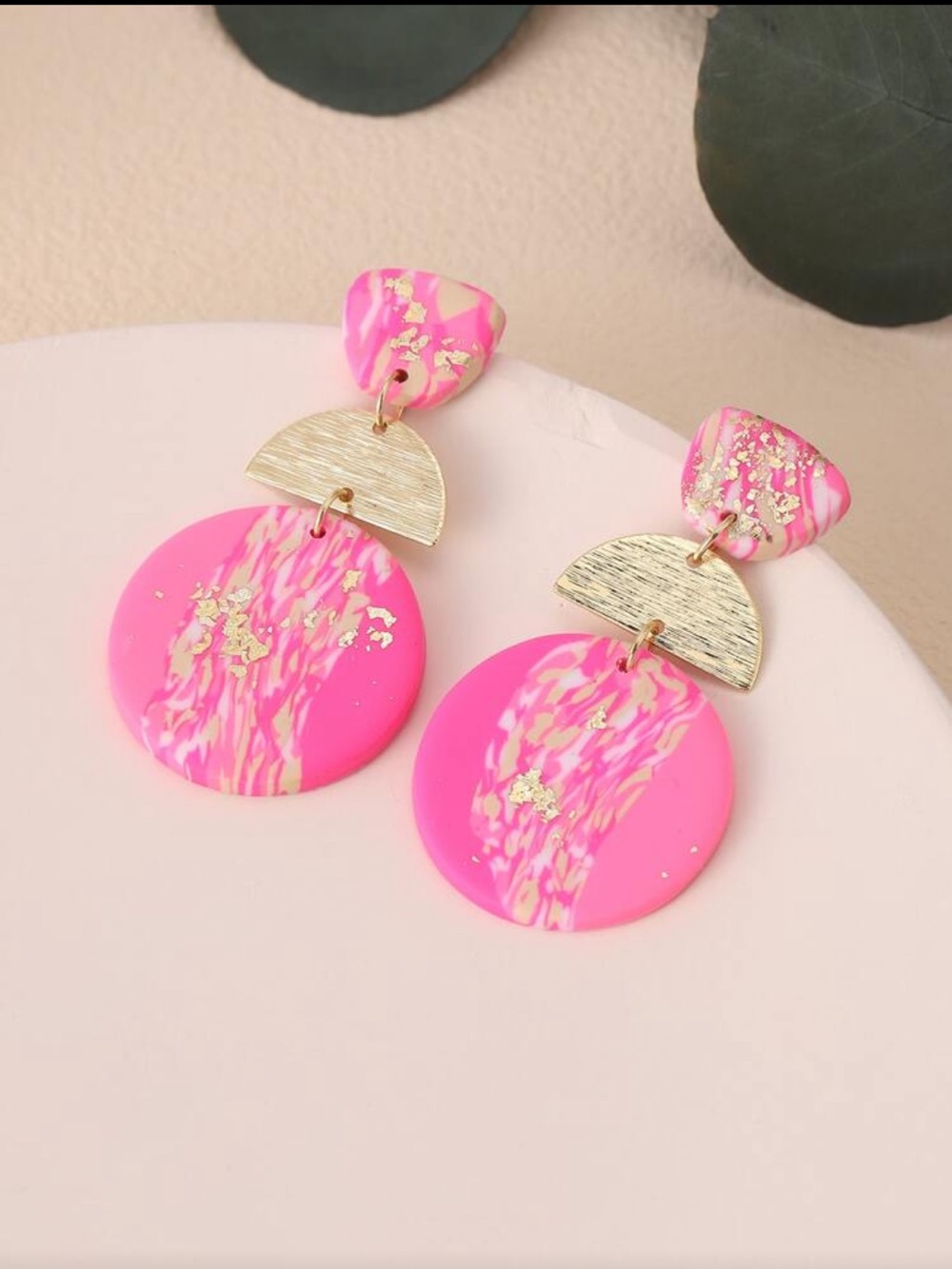 Hot Pink Marbled Drop Earrings with Gold Half-Moon